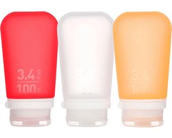 Human Gear - GoToob+ 3-Pack - reisflesje - flacon- lekvrij - herbruikbaar - Large - 100ML - Clear / Red / Orange
