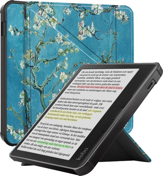 Hoes Geschikt voor Kobo Libra Colour - Luxe E-reader Trifold Case - Bescherm Hoesje Book Cover - Bloesem