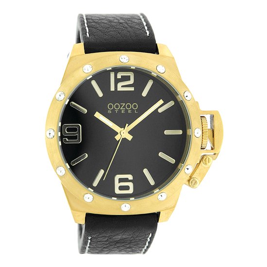 OOZOO Timepieces - Goudkleurige horloge met zwarte leren band - OS130