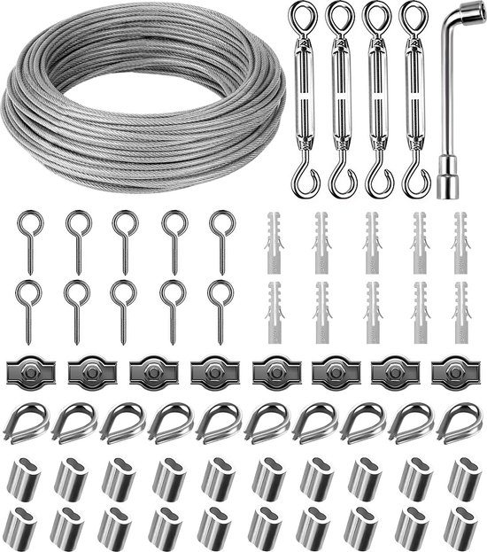 Foto: 30 m 3 mm staalkabel 304 roestvrij stalen staaldraad staalkabel ommanteld spanslot met oogjes kabelspanset voor lichtophanging waslijn gordijntouw