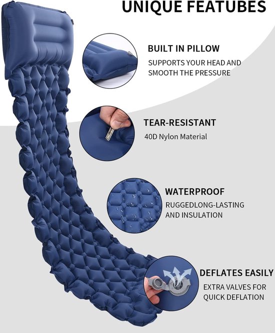 Zelfopblazend, hoog campingluchtmatras met geïntegreerd hoofdkussen, outdoor, campingmat, slaapmat, kleine verpakkingsmaat met voetpomp, luchtcelmat, opblaasbaar, blauw van Merkloos — afbeelding 4