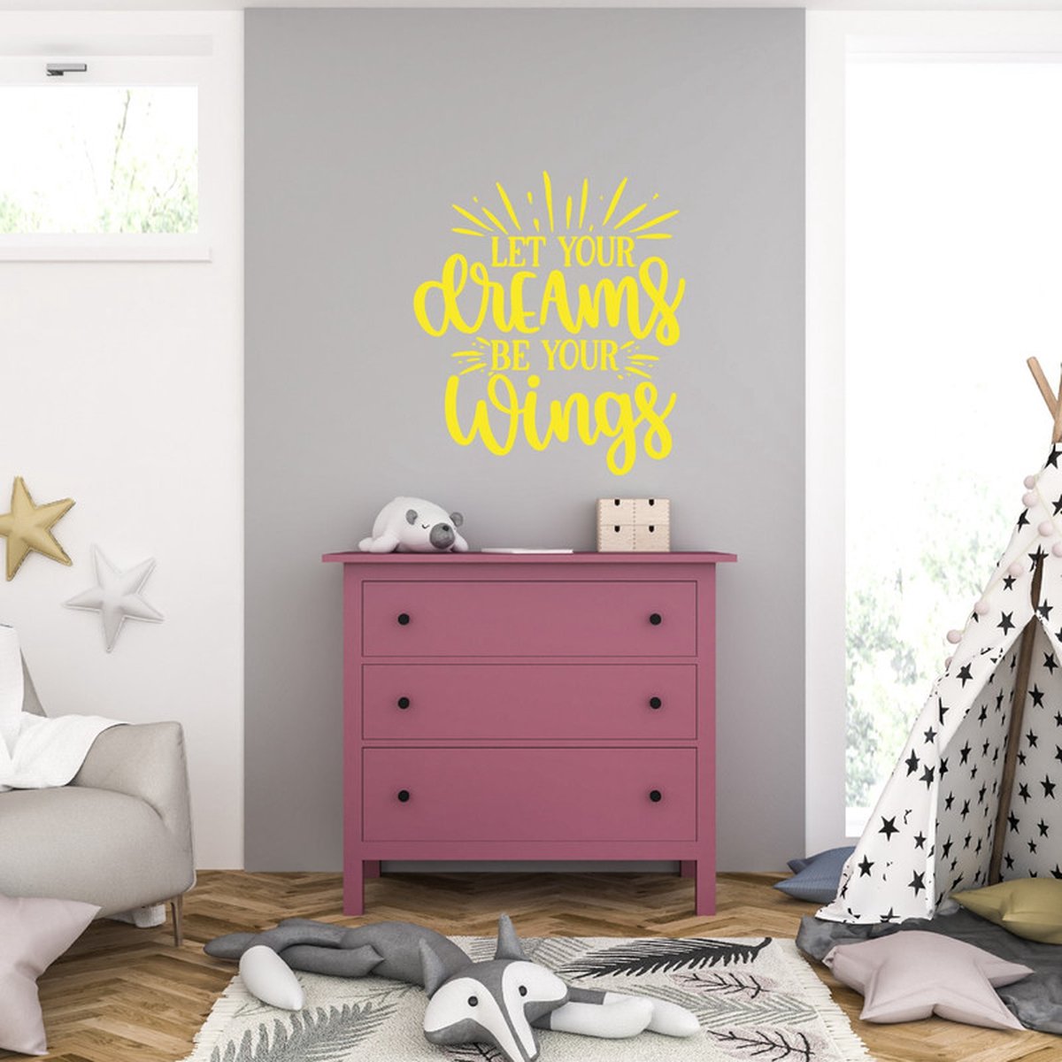 MC Living Muursticker - Let Your Dreams Be Your Wings - 40,6 x 45,5 - Geel