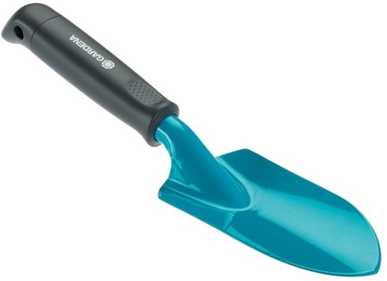 Turquoise Gardena tuinschep met grijs ergonomisch handvat.