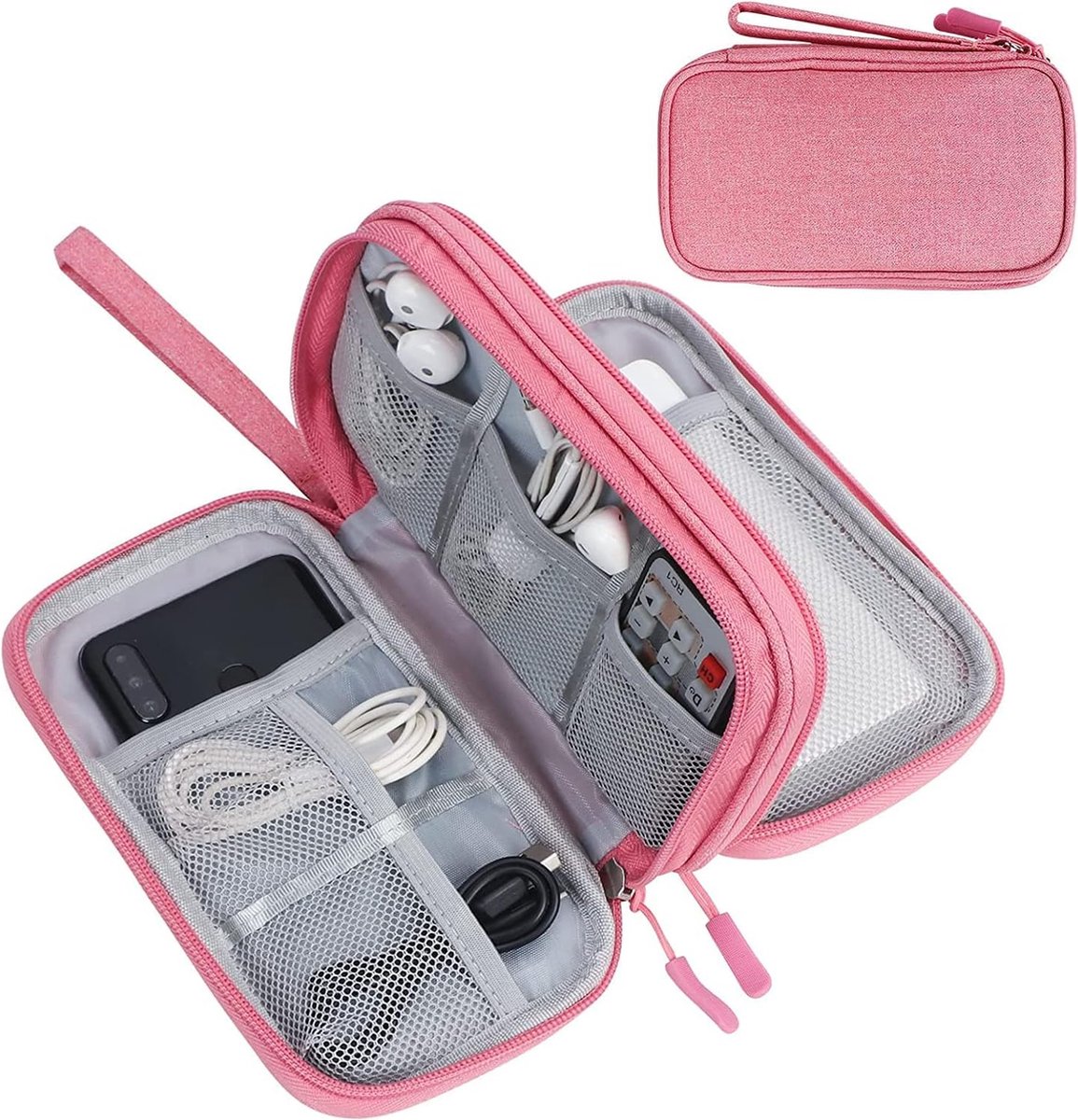 Blinks Kabeltas organizer kabelorganizer tas kabeltas kleine kabelorganizer dubbele kabeltas voor elektronische accessoires USB-powerbank SD-kaart oplaadkabel roze