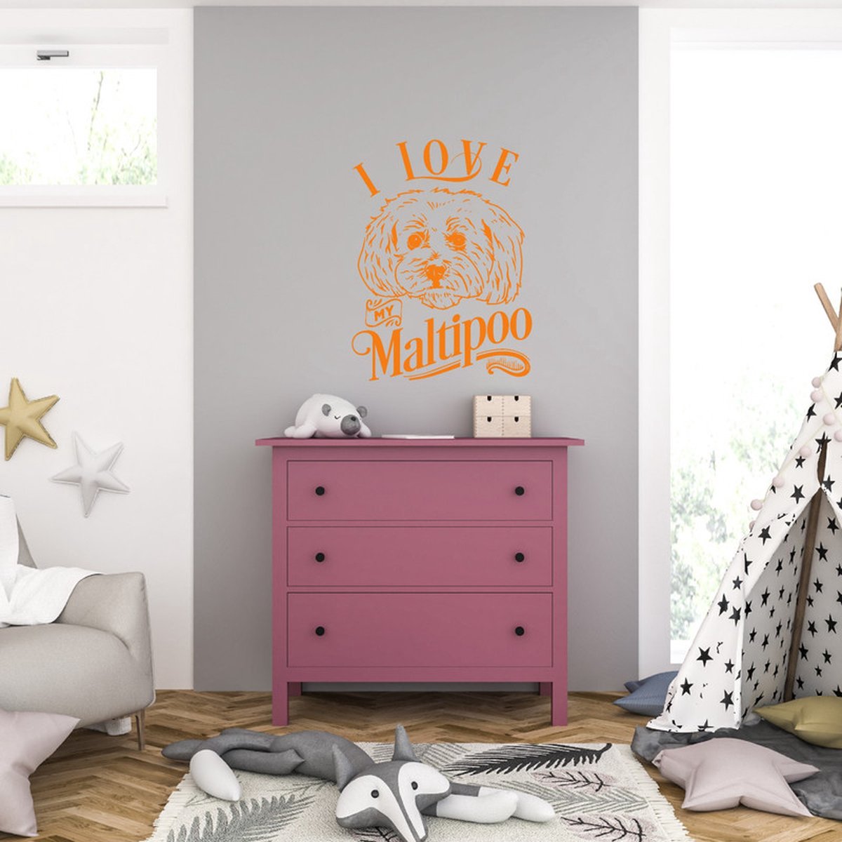 MC Living Muursticker - I Love My Maltipoo - 46,4 x 61,6 - Oranje