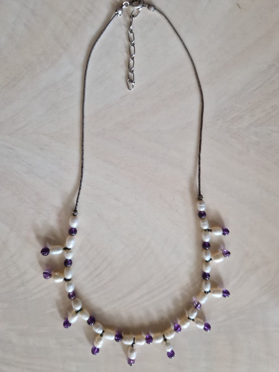 Gemstones-silver ketting 925-sterling zilver met zoetwaterparel en amethist 43 cm verlengbaar 5 cm 12 g