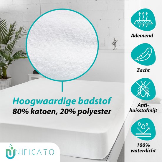 Witte badstof matrasbeschermer (80% katoen, 20% polyester) is ademend, zacht, anti-huisstofmijt en 100% waterdicht.