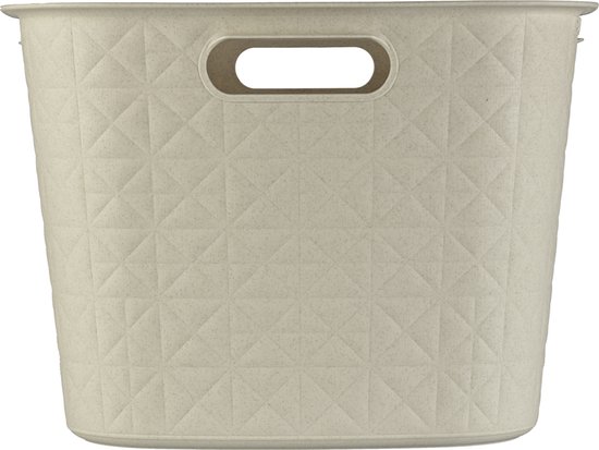 Beige wasmand met handgrepen en een ruitenpatroon.