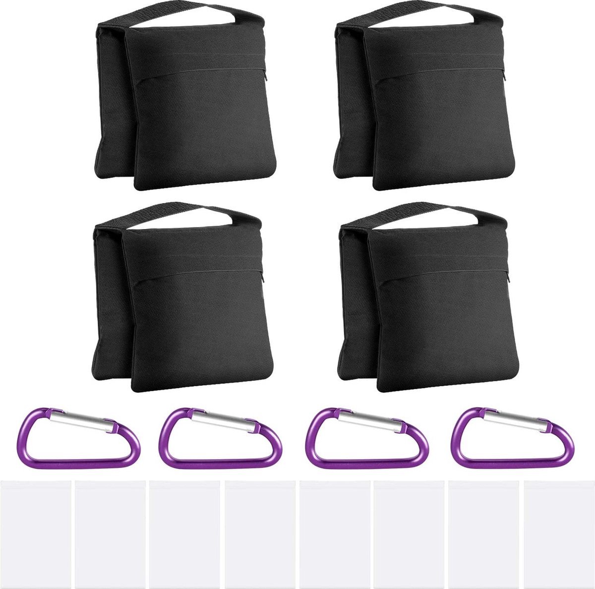 4-Pack Zandzakken voor Fotografie - Zware Kwaliteit - 4 Gewichtszakken voor Foto, Video, Studio, Buitenruimte, Patio, Sport - Transparante PP Zak en Clips Inbegrepen (Zwart) - X01NSK105