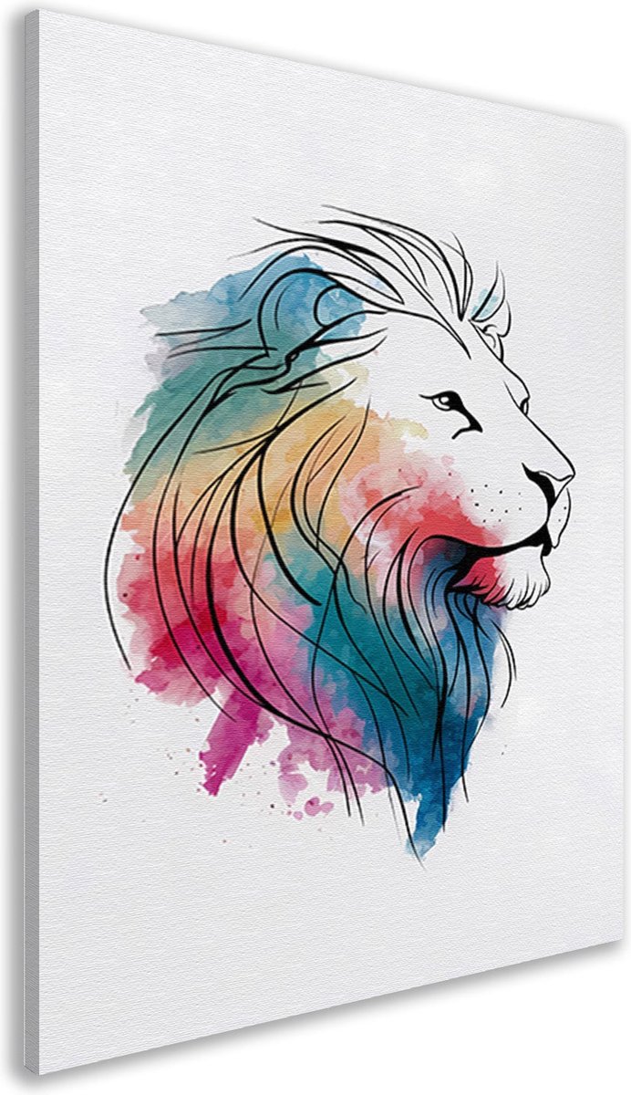 Leeuw wanddecoratie - Dieren wanddecoratie - Canvas schilderij waterverf - Lijntekeningen - Muurdecoratie modern - Canvas schilderijen - Kunstwerken schilderij canvas 75x100 cm