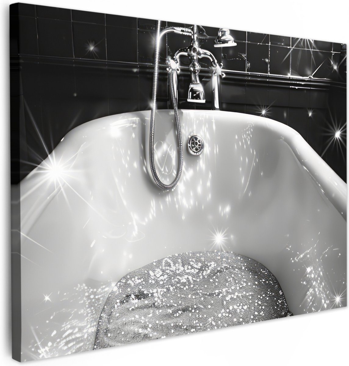 Canvas schilderij 70x50 cm - Wanddecoratie badkamer Badkuip - Glitters - Zwart wit - Badka