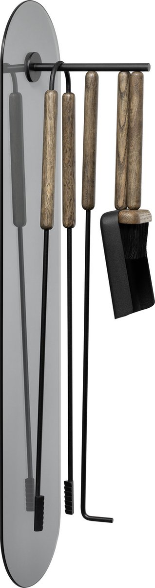 Blomus ASHI Haardset Wandmontage 5-delig - Brown Oak - Zwart - Gepoedercoat Staal & Eikenhout