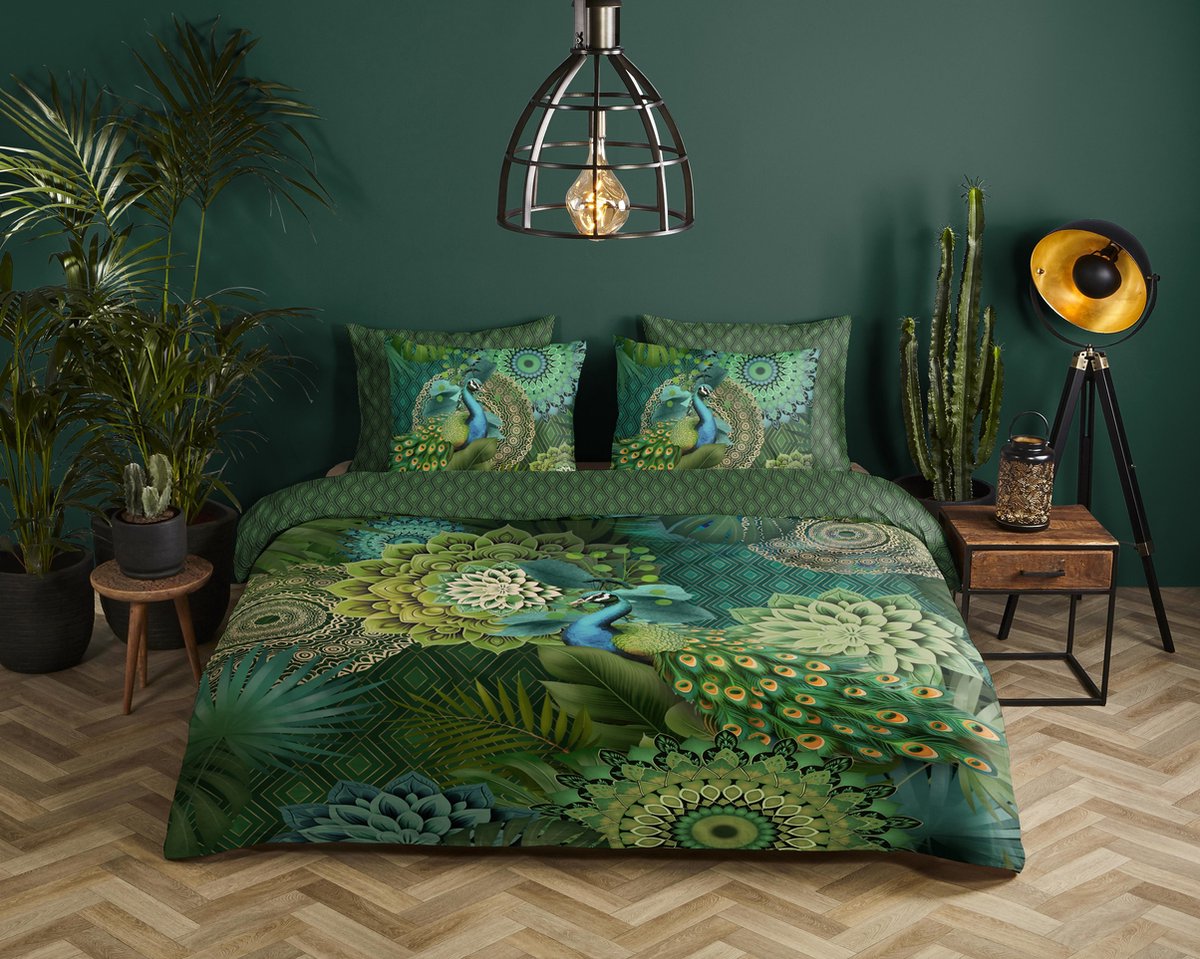 HIP dekbedovertrek mandalas & pauw - 2 persoons 200x200/220 cm - Groen - 100% Katoen satijn