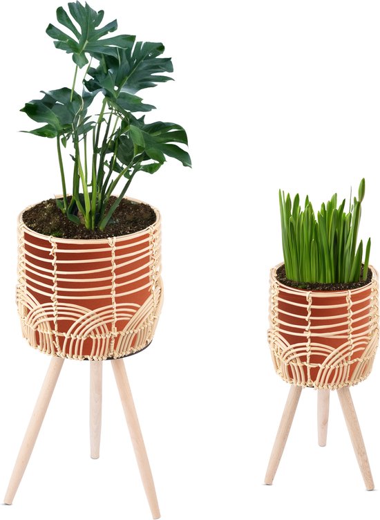 Navaris Plantenstandaard Set Van 2 - Rotan Bloempot Standaard S En L 45cm En 60cm - Natuurlijk Rotan