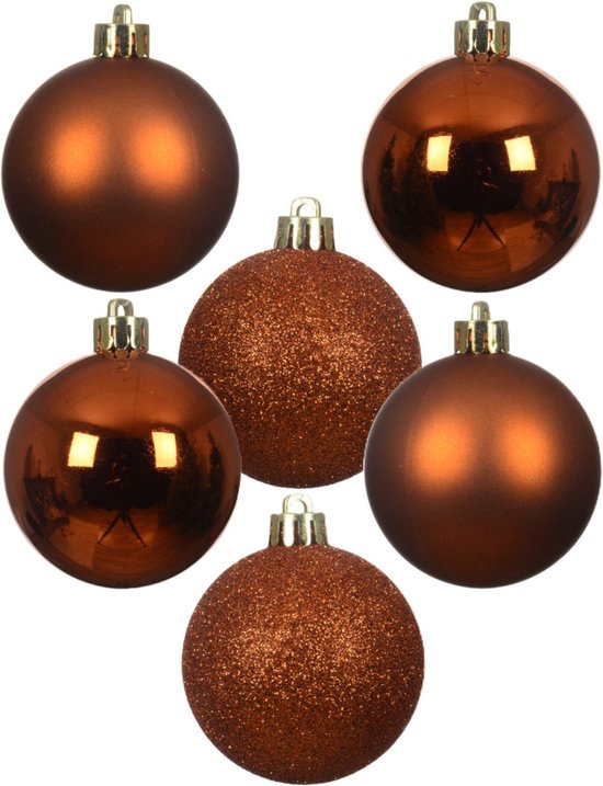 Decoris Petites boules de Noël - 28x - plastique - cuivre/cognac - 3 cm - Décorations de Noël