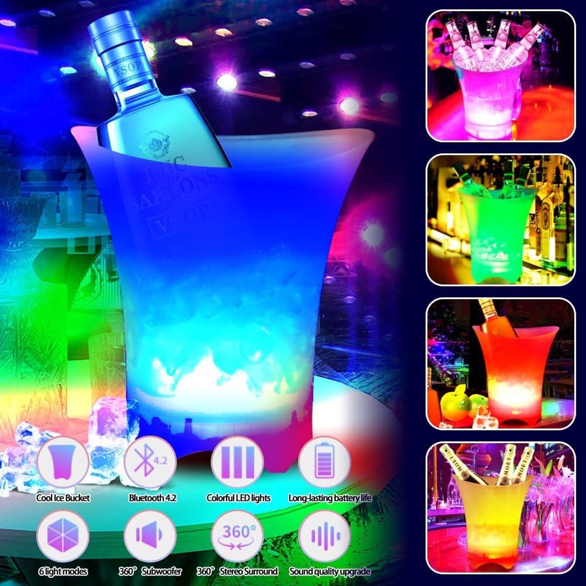Seau à Glace LED 5L - 7 Couleurs Changeantes - Étanche Pour Fête, Bar, Maison - Dégradé (Piles Non Incluses)