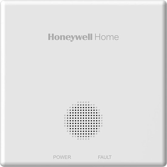 Wit Honeywell Home koolmonoxidemelder met ronde luidspreker aan de voorzijde. POWER en FAULT labels onderaan.