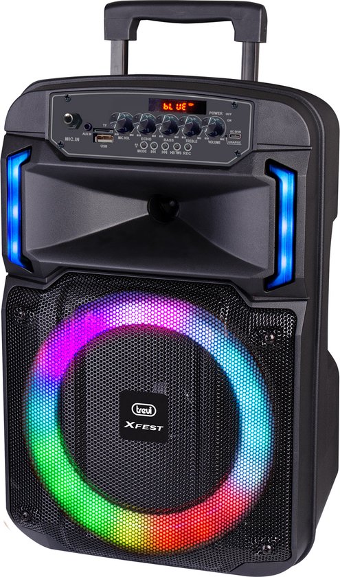 Draagbare Bluetooth luidspreker Trevi zwart 25W draadloos met display, Aux, USB, micro SD, LED verlichting
