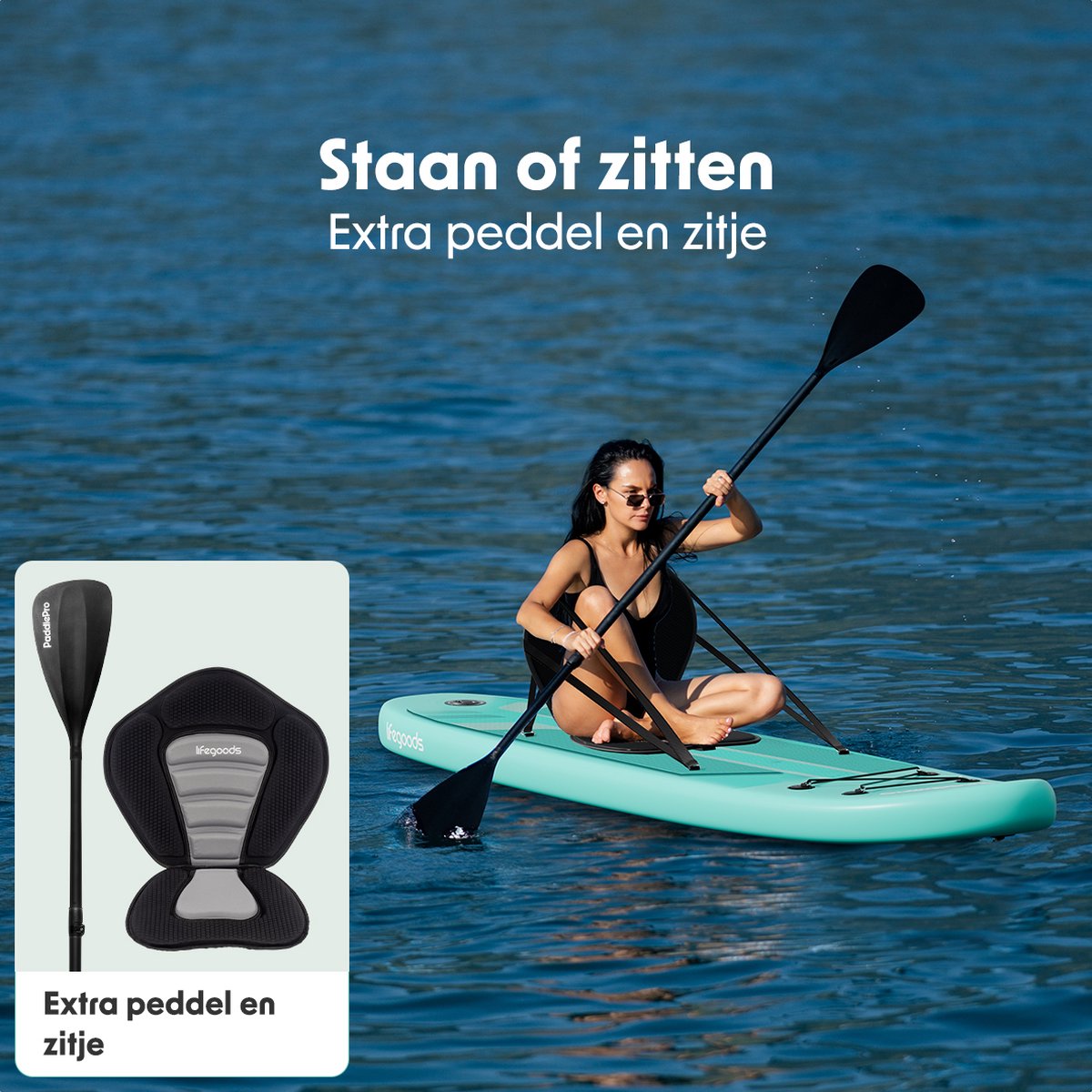LifeGoods PaddlePro SUP Board - Luxe Set - met Zitje - Opblaasbaar Paddle Board - Max. 150KG - 320x81cm - Mintgroen – foto 5