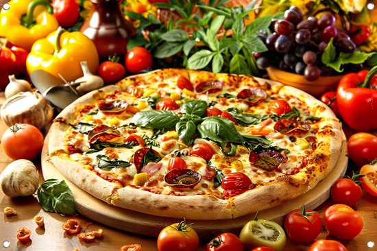 Foto: Pizza poster eten tuinposter tuinposters groente poster buiten tuinaccessoires decoratie muur tuinposter 150x100 cm