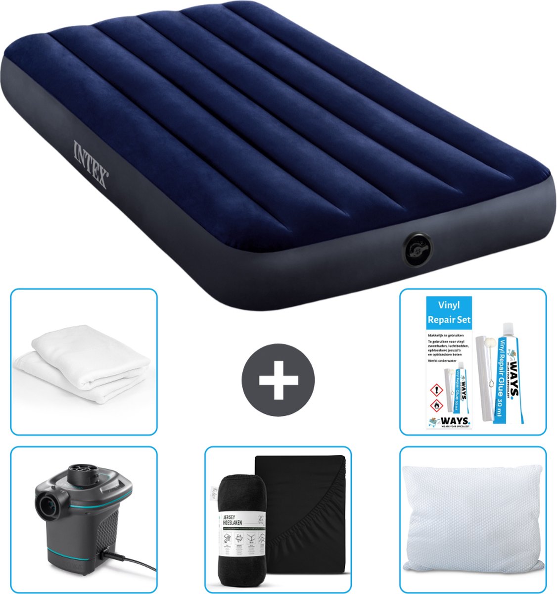 Intex Luchtbedset Intex Luchtbed - 1-Persoons - 99 x 191 x 25 cm - Blauw + Intex Elektrische Pomp - 650 Liter/min + Hoeslaken Zwart + Kussen + Molton 2 in 1 Kussenslopen + Reparatieset