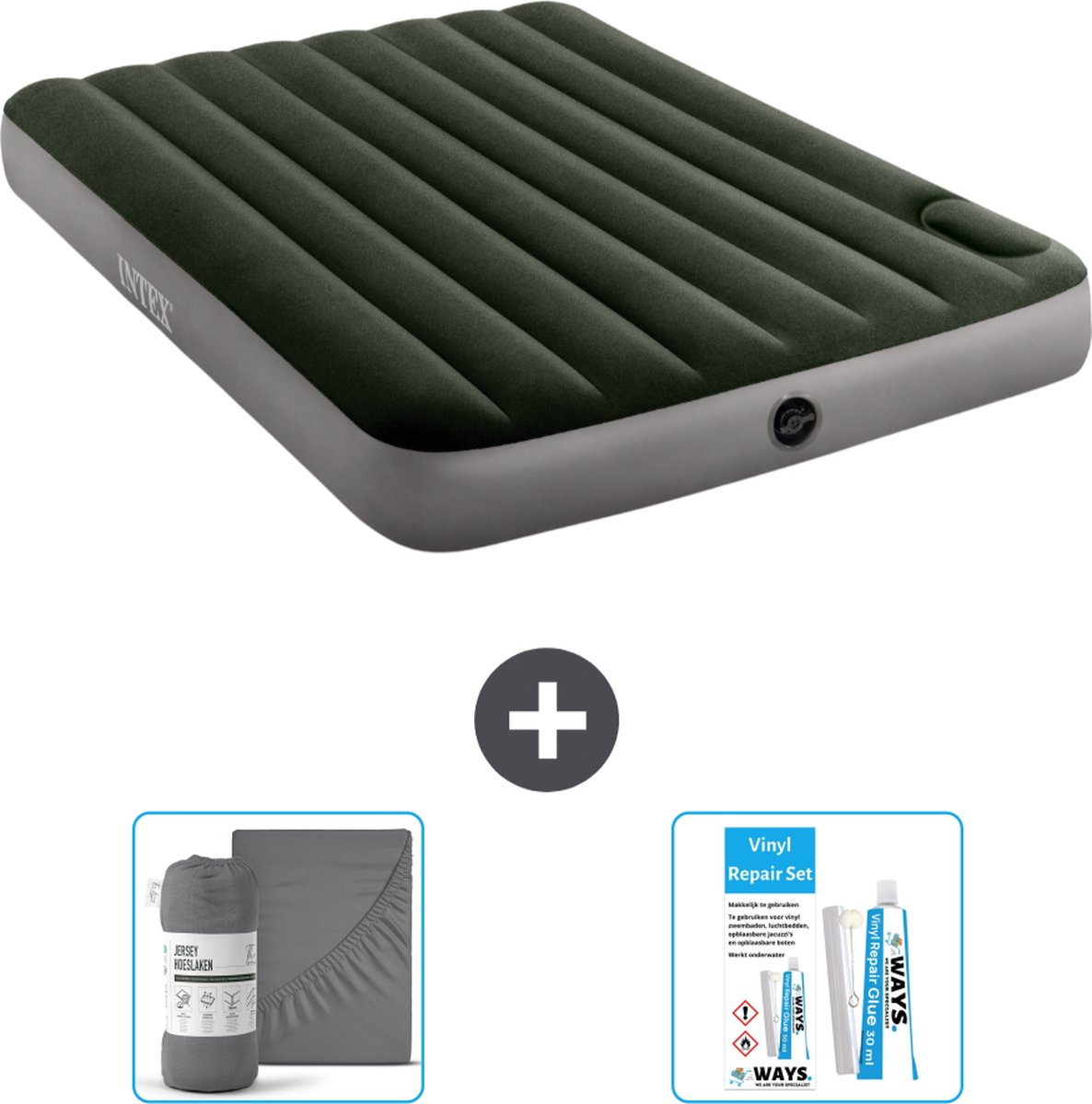 Intex Luchtbedset- Twijfelaar - 137 x 191 x 25 cm - Groen - Met ingebouwde voetpomp + Hoeslaken Antraciet + Reparatieset