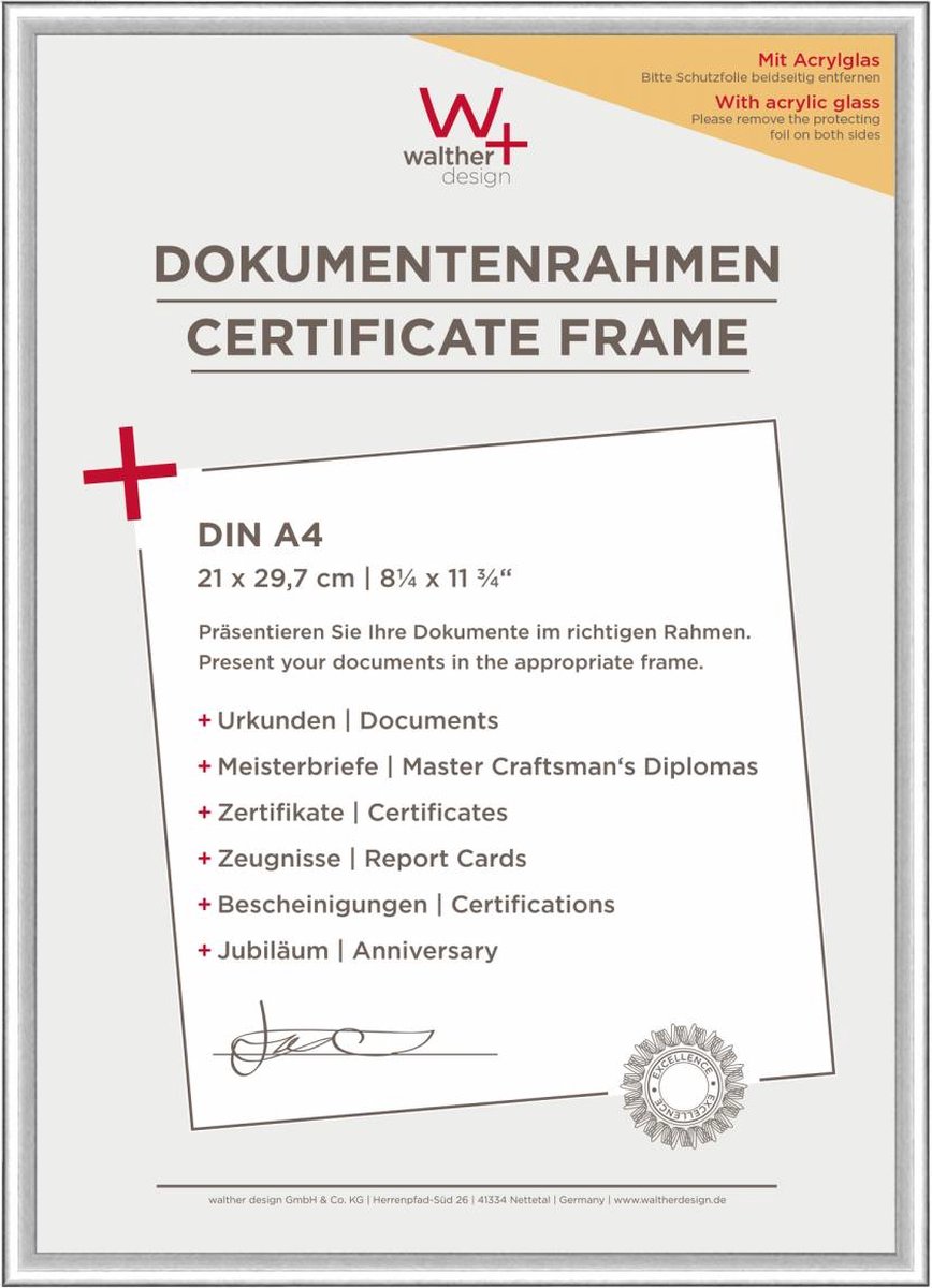 Walther New Lifestyle - Kunststof lijst - Fotoformaat 21x29,7 cm (DIN A4) - Kunstglas - Zilver