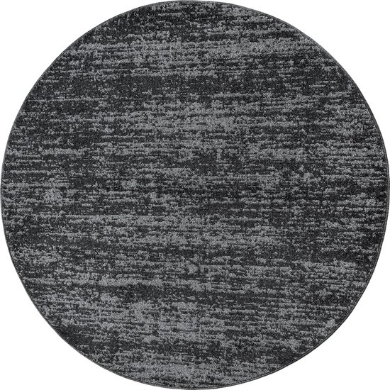 Zwartgrijs rond vloerkleed met een subtiel, gemêleerd patroon, geïsoleerd op een witte achtergrond.