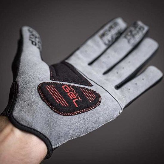 Lichtgrijze fietshandschoen met zwarte en rode "doctor GEL" padding op de handpalm. Tekst "NEVER LOSE YOUR GRIP" op de vingers.