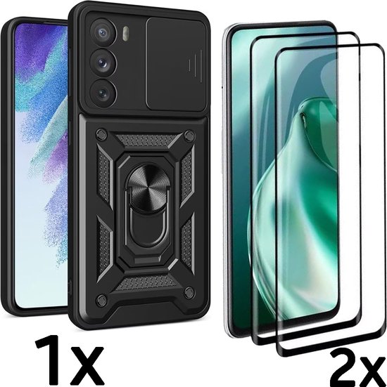 Foto: Casemania hoesje geschikt voor oppo reno 12 pro zwart 2x glazen screenprotector anti shock hybrid armor met kickstand ring met camera bescherming