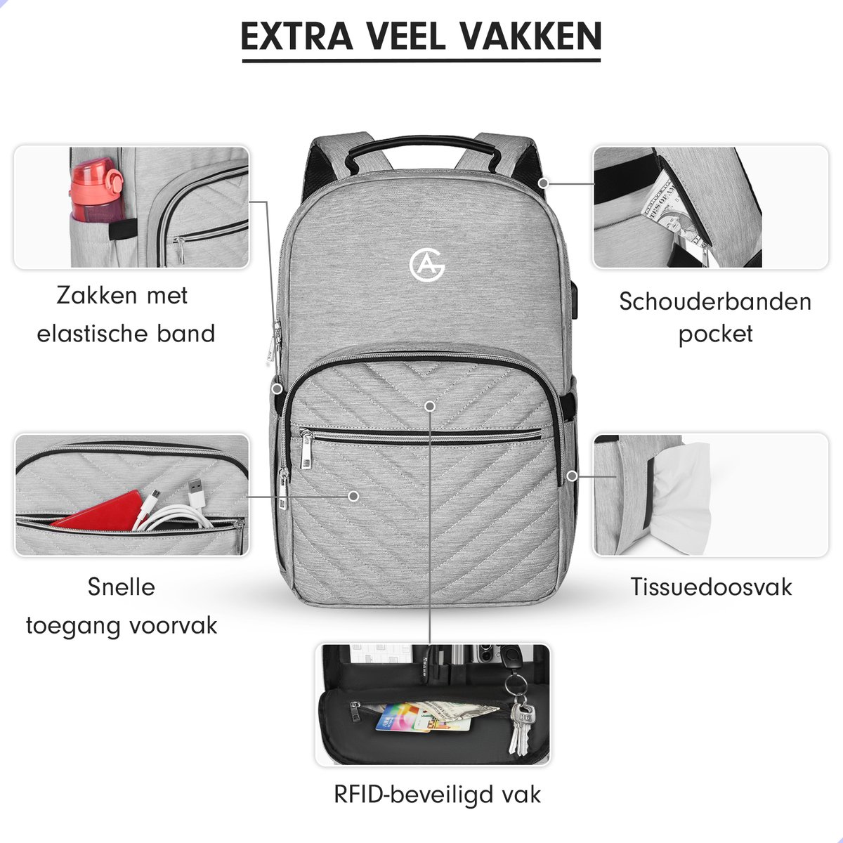 AG Luxe Rugzak Grijs- Rugzakken - Rugtassen - Laptop - 26L - School - voor jongens en meisjes, dames en heren - Backpack Waterafstotend- Schooltas - Reizen & Werken - Anti Diefstal Ontwerp - Inclusief Usb Oplaadstation – foto 8