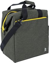 Groene polyester koeltas met gele rits, handvatten en schouderband.
