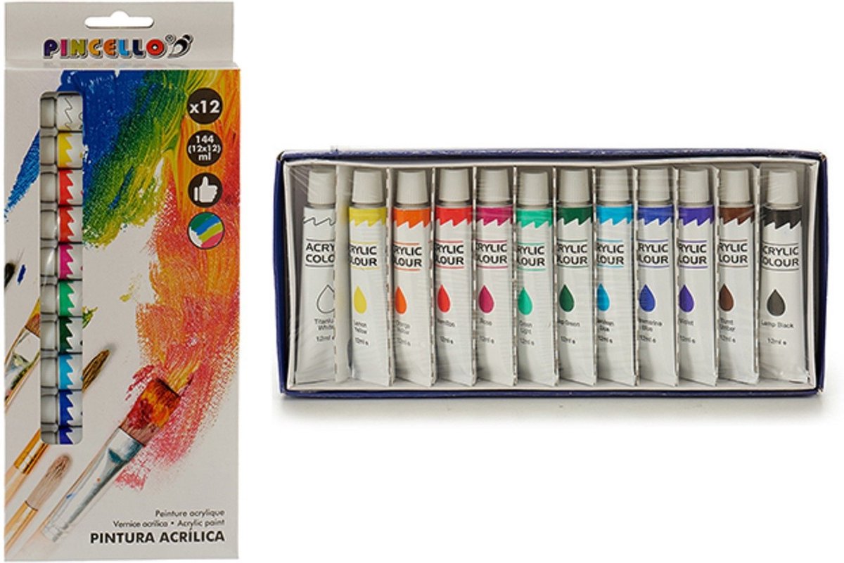 Acryl hobby/knutselen verf tubes 12 kleuren in tubes van 12 ml