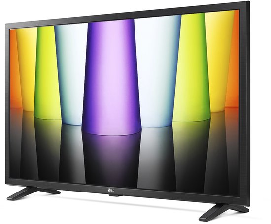 Schuine weergave van een zwarte LG smart tv met een kleurrijk scherm.