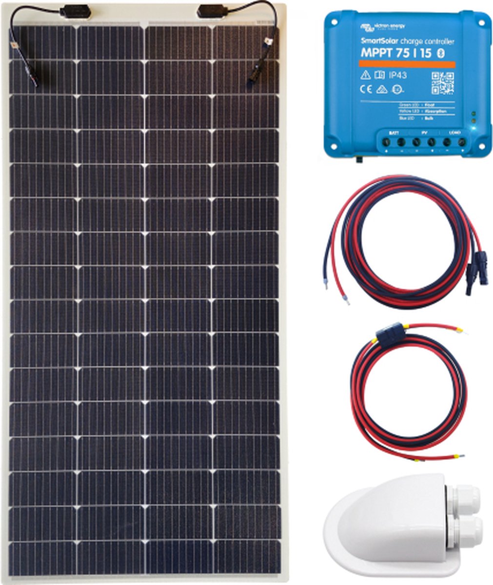 Bluetooth Set Flexibel Zonnepaneel 200Wp Caravan, Camper, Boot, Tent - MPPT Victron Energy laadregelaar 75/15 - Zonnepaneel Compleet Pakket - Kabel met connectoren - Plug-Play set schematische tekening en handleiding-Monokristallijn