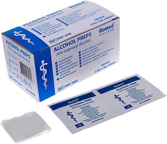 Doos met 100 Romed alcohol swabs, 70% isopropyl alcohol, twee individueel verpakte swabs en één uitgevouwen swab.