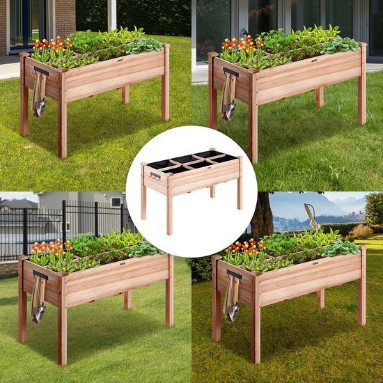 HWC-L21 Outdoor Planter Raised Planter Square 41 x 63 x 23 cm Outdoor Planter Made of Acacia Wood, FSC Certified, Brown
