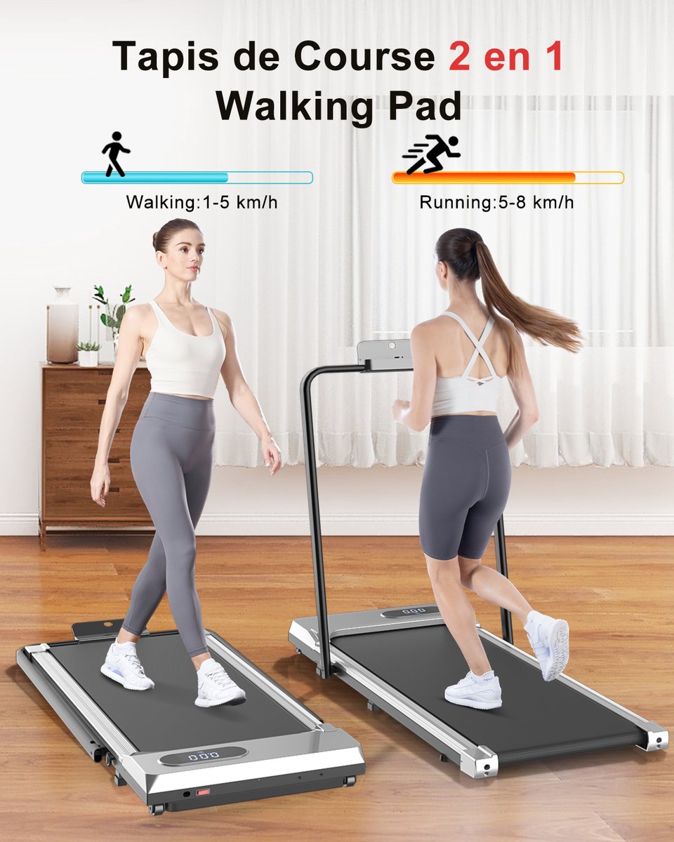 Afbeelding 2 van Loopband - Inklapbaar loopband Elektrisch met armleuningen, 1-8 km/u - met afstandsbediening en LCD-display - Walkingpad - Treadmill - Zilver