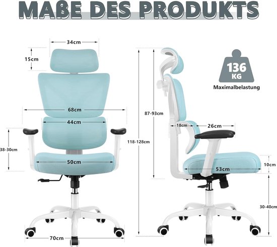 TRALT Ergonomische bureaustoel - X-vormige computerstoel, gamingstoel, bureaustoel met lendensteun, mesh-bureaustoel met hoofdsteun, grijs goud