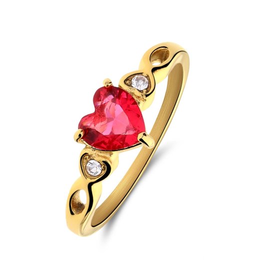 Lucardi Dames Stalen goldplated vintage ring rood hart zirkonia - Ring - Staal - Goudkleurig