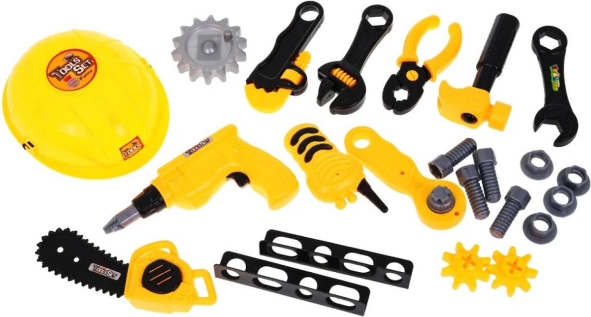 Playos® - Speelgoedwerkbank - Geel / Grijs - met Helm en Boormachine - inclusief Gereedschap - Klussen - Rollenspel Speelgoed - Educatief Speelgoed - Speelgoed Gereedschap - Werktafel - Werkbank -Bouwset — afbeelding 3