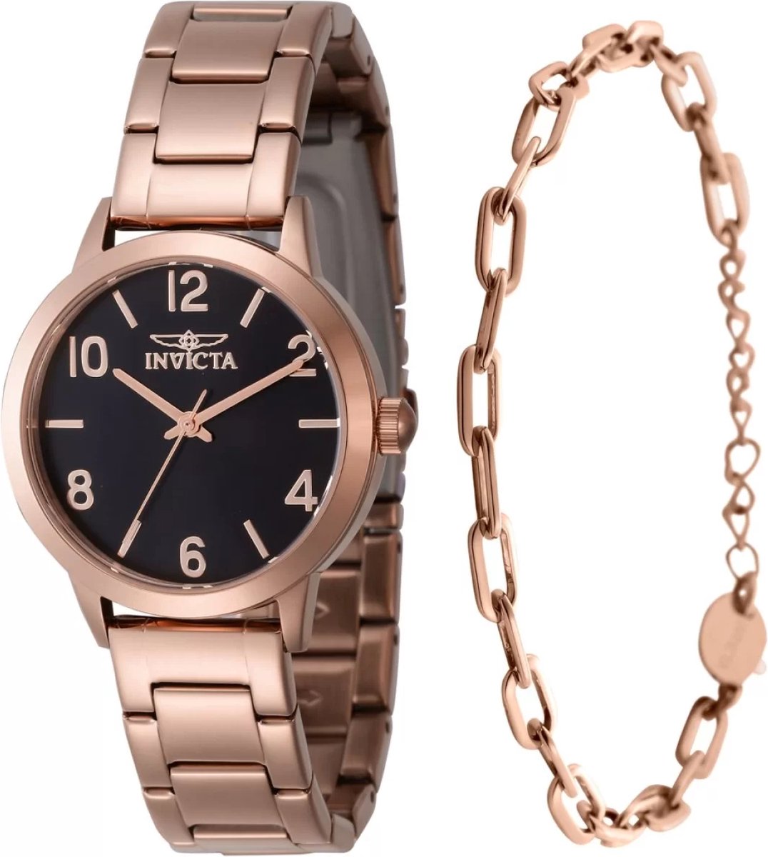 Invicta Wildflower 47272 Dames Horloge - Waterdicht - Analoog - Quartz Uurwerk - Roestvrij Staal met zwarte Wijzerplaat - 34mm