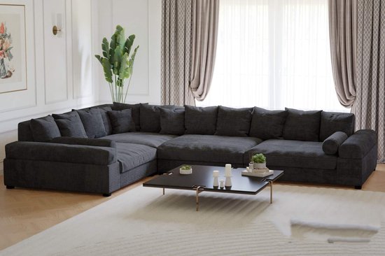 Hoekbank Big sofa xxl - Hoeksalon American extra diep - Zwart ribstof - Links rechts universeel
