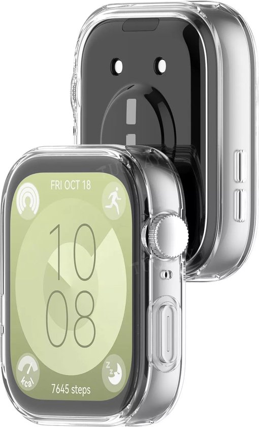 Transparante beschermhoes voor een smartwatch, de hoes is deels open met zicht op het zwarte achterpaneel en het scherm.