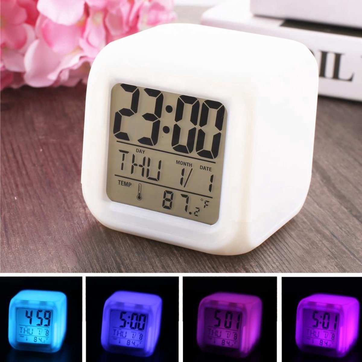 IBBO® - Digitale Wekker LED - Digitale Klok - Wekker Digitaal Met Led Verlichting - Elektrische Wekker - Wekker Op Batterijen - Led Klok Wekker - 7 Kleuren LED - Met Thermometer En Kalender
