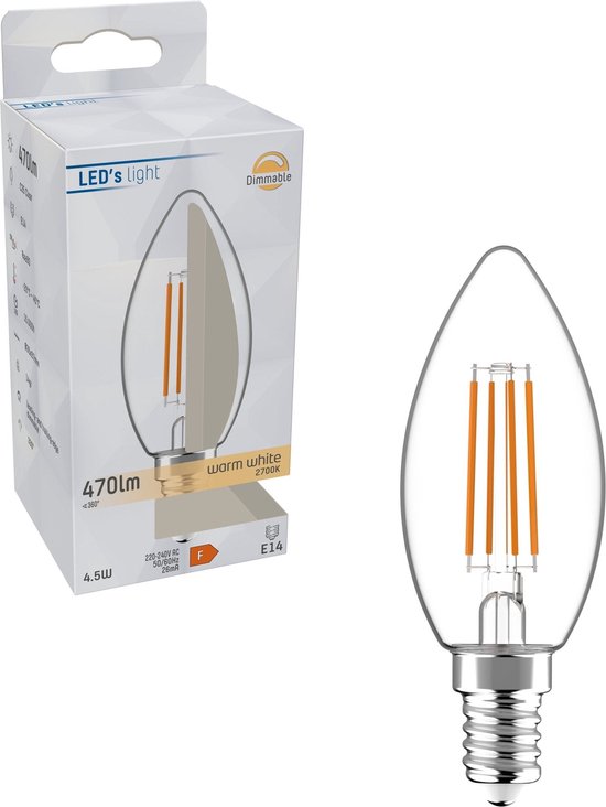 LED's Light Dimbare LED Lamp Kaars E14 - Helder glas - Dimbaar warm wit licht - 470 lm