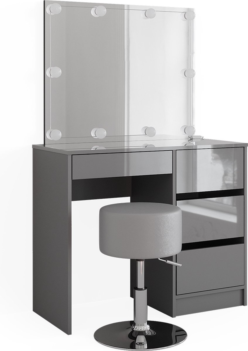 Vicco Kaptafel set met kruk Sherry, Grijs, 90 cm met spiegel, LED-lichtslinger en kruk