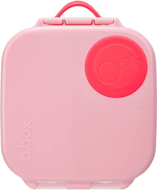 Mini boîte à lunch b.box rose avec poignée rouge et détail de fermeture rouge.