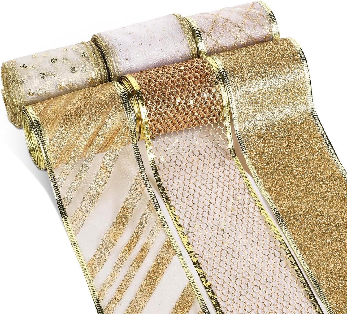 6 Rollen Bedraad Kerstlint 55m x 6cm-Rol Breed Glitter Champagne Goud Kerstlint Kerstboom Knutselen Kransen Maken Cadeauverpakking Decor