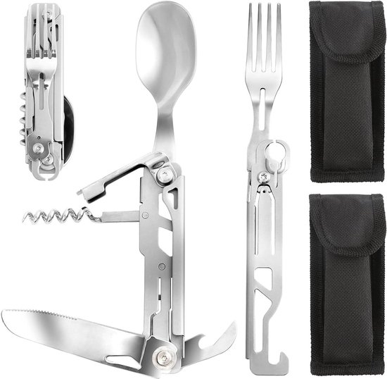 Set De Couverts 3 Pièces Acier Inoxydable Portable - Cuillère, Baguettes, Fourchette + Étui, Idéal Camping & Bureau